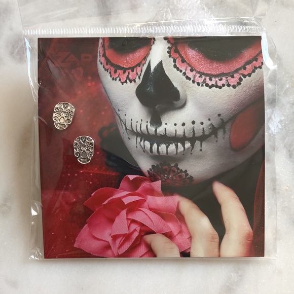 Skeleton Sugar Skull Day Of The Dead Halloween Dia de Los Muertos Post Earrings - Picture 6 of 11